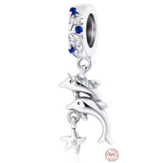 Charm Sterlingové stříbro 925 Delfíni s hvězdicí, symbol svobody a radosti z moře, přívěsek na náramek zvíře Charm Sterlingové stříbro 925 Delfíni s hvězdicí, symbol svobody a radosti z moře, přívěsek na náramek zvíře