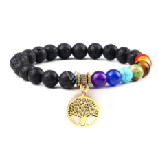 Chakra-Armband Baum des Lebens + Lavastein, handgefertigt, elastisch, Kugel 8 mm / 16-17 cm, Chakra-Armband Baum des Lebens + Lavastein, handgefertigt, elastisch, Kugel 8 mm / 16-17 cm,