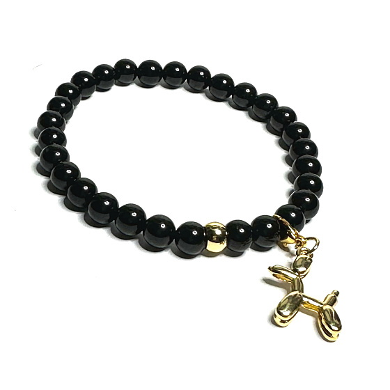 Spinell schwarz + Hund Anhänger, Armband elastischer Naturstein, Kugel 6 mm / 16 - 17 cm