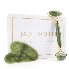 Jade Gua Sha 5 x 8 cm + Massagerolle 14 x 5,5 cm reduziert Falten, Schwellungen, verbessert die Hautelastizität, festigt
