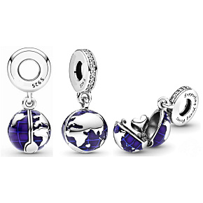 Charm Sterlingsilber 925 Planet Erde - blauer Planet 2-in-1 zum Öffnen, innen Herz, Anhänger für Reise-Armband