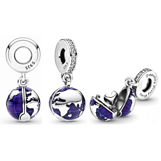 Charm Sterlingsilber 925 Planet Erde - blauer Planet 2-in-1 zum Öffnen, innen Herz, Anhänger für Reise-Armband