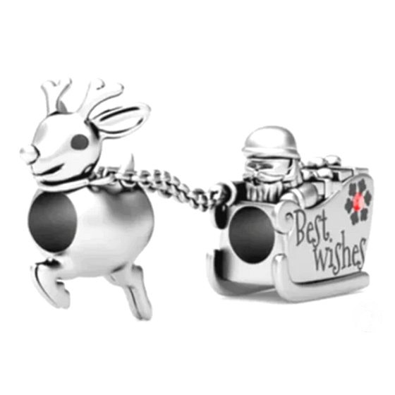 Charm Sterling Silber 925 Santa und Rudolph auf einem Schlitten, Perle auf einem Armband Weihnachten