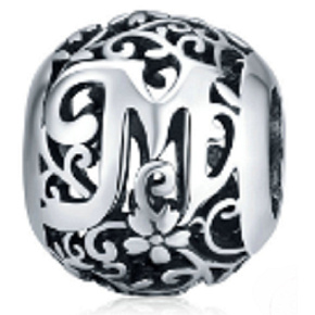 Sterling Silber 925 Magic Alphabet Buchstabe M mit Blumen, Perle für Armband