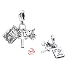 Sterling Silber 925 Religiöse Charms, Erstkommunion, Taufe - Bibel mit Gott sind alle Dinge möglich, 3in1 Anhänger Armband