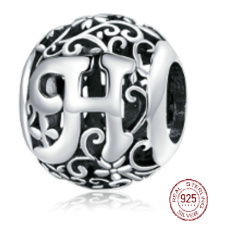 Magic Alphabet Buchstabe H, Silber, mit Blumen, Armbandanhänger 9 mm