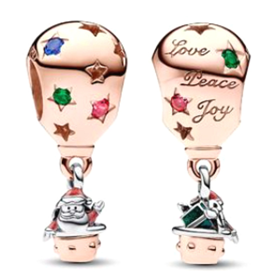 Charm Sterling Silber 925 Zweifarbiger Weihnachtsmann im Heißluftballon, Perle am Weihnachtsarmband