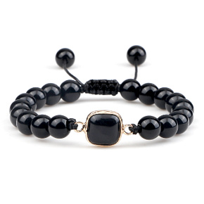 Obsidian + Geometrischer Anhänger, handgestrickt, verstellbare Größe, 8 mm Kugel, Rettungsstein