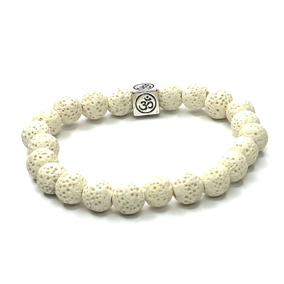 Lava weiß mit königlichem Mantra Om-Armband elastischer Naturstein, Kugel 8 mm / 16-17 cm, geboren aus den vier Elementen