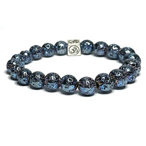 Lava blau überzogen mit königlichem Mantra Om, Armband elastischer Naturstein, Kugel 8 mm / 16-17 cm, geboren aus den vier Elementen