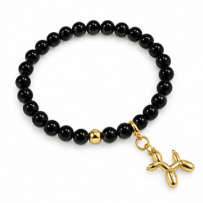 Schwarzer Spinell + Hund Anhänger, elastisches Armband aus Naturstein, Kugel 6 mm / 16 - 17 cm