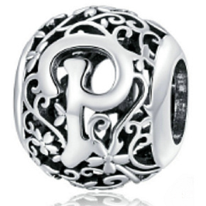 Sterling Silber 925 Magic Alphabet Buchstabe P mit Blumen, Perle für Armband