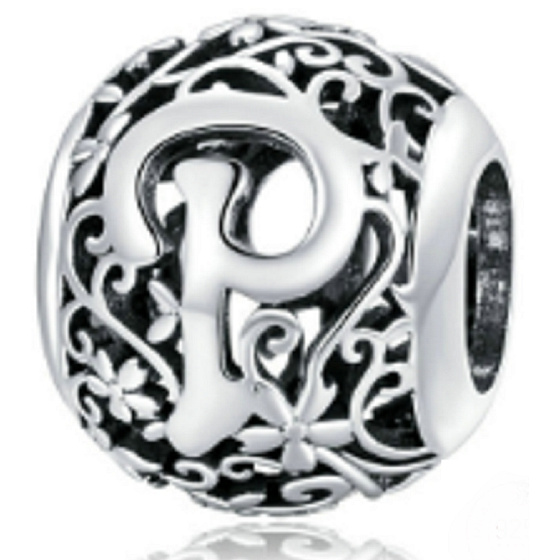 Sterling Silber 925 Magic Alphabet Buchstabe P mit Blumen, Perle für Armband