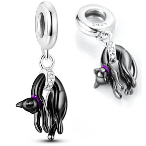 Sterling Silber 925 Schwarze faule Katze, Tierarmband-Anhänger