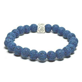 Lava dunkelblau mit königlichem Mantra Om, Armband elastischer Naturstein, Kugel 8 mm / 16-17 cm, geboren aus den vier Elementen