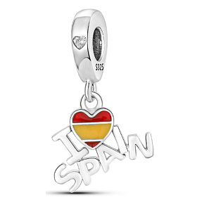 Charm Sterlingsilber 925 Spanien Flagge Herz - Ich liebe Spanien, 2-in-1 Anhänger für Armband Reisen