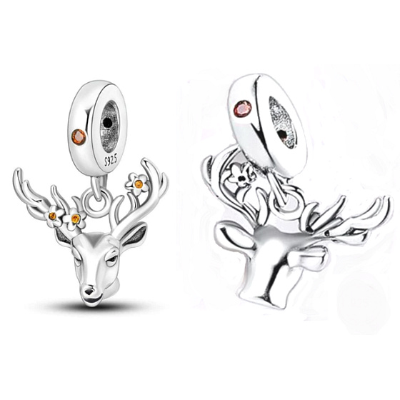 Charms Sterling Silber 925 Hirsch mit Blumen, Tierarmband Anhänger