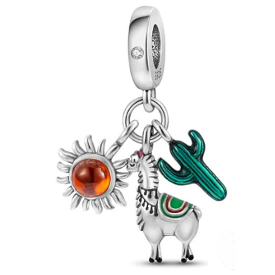 Charms Sterling Silber 925 Peru - Lama, Kaktus, Sonne 3in1, Reisearmband Anhänger