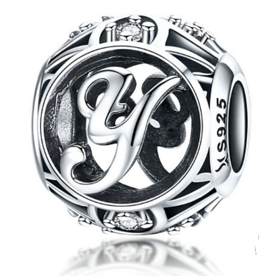 Sterling Silber 925 magisches Alphabet Buchstabe Y + kubischer Zirkon, Perle für Armband