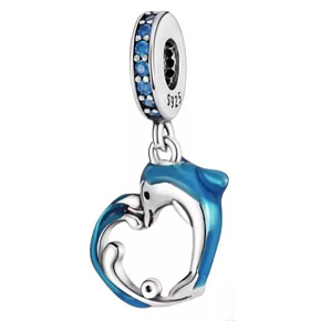 Charm Sterlingsilber 925 Delfin auf Welle in Herzform, Anhänger für Meeresarmband