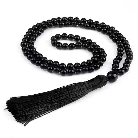 108 Mala Onyx Halskette Meditationsschmuck, Naturstein, geknotete Quaste, Perle 8 mm