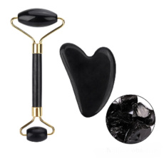 Obsidian Gua Sha 5 x 8 cm + Massagerolle 14 x 5,5 cm reduziert Falten, Schwellungen, verbessert die Elastizität der Haut, Set ohne Verpackung