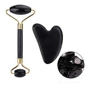Obsidian Gua Sha 5 x 8 cm + Massagerolle 14 x 5,5 cm reduziert Falten, Schwellungen, verbessert die Elastizität der Haut, Set ohne Verpackung