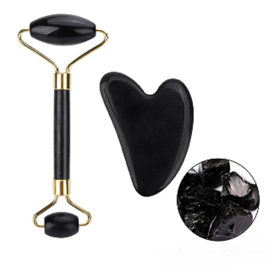 Obsidian Gua Sha 5 x 8 cm + Massagerolle 14 x 5,5 cm reduziert Falten, Schwellungen, verbessert die Elastizität der Haut, Set ohne Verpackung