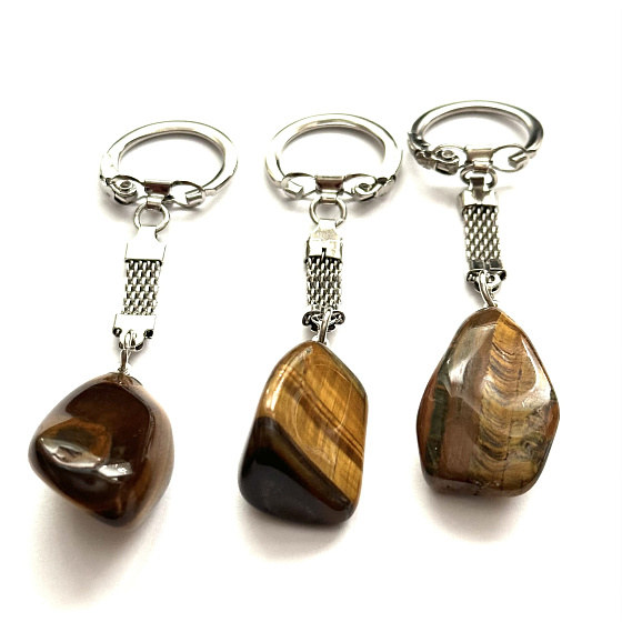 Tigereye Trommel Anhänger Schlüsselanhänger Naturstein, ca. 10 cm, Stein der Sonne und Erde, bringt Glück und Wohlstand