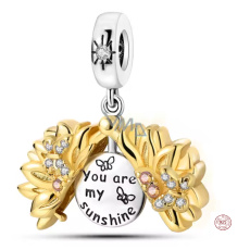 Charm Sterlingové stříbro 925 Rozkvetlá slunečnice s nápisem-jsi moje sluníčko pozlacené, přívěsek na náramek květina Charm Sterlingové stříbro 925 Rozkvetlá slunečnice s nápisem-jsi moje sluníčko pozlacené, přívěsek na náramek květina