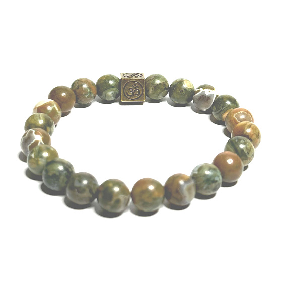Ryolith mit königlichem Mantra Om-Armband elastischer Naturstein, Kugel 8 mm / 16-17 cm, Stein des klaren Bewusstseins
