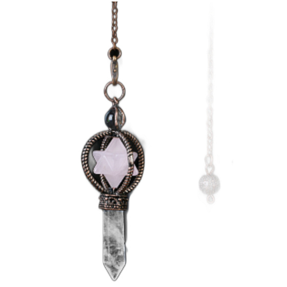Rosenquarz-Pendel + Klarquarz + Bronze, Naturstein-Anhänger 7,7 cm, Kette ca. 26,5 cm