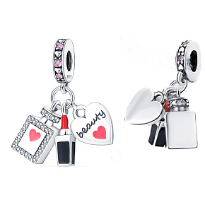 Charm Sterling Silber 925 Chic Stil - Lippenstift, Parfüm, Herz 3in1, Anhänger am Armband Interessen