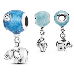 Charme Sterling Silber 925 Elefant mit blauem Ballon, Anhänger am Armband Familie