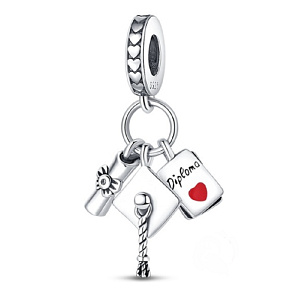 Charm Sterling Silber 925 Graduation - Kappe, Diplom Pergament, 3in1 Graduate Anhänger Armband