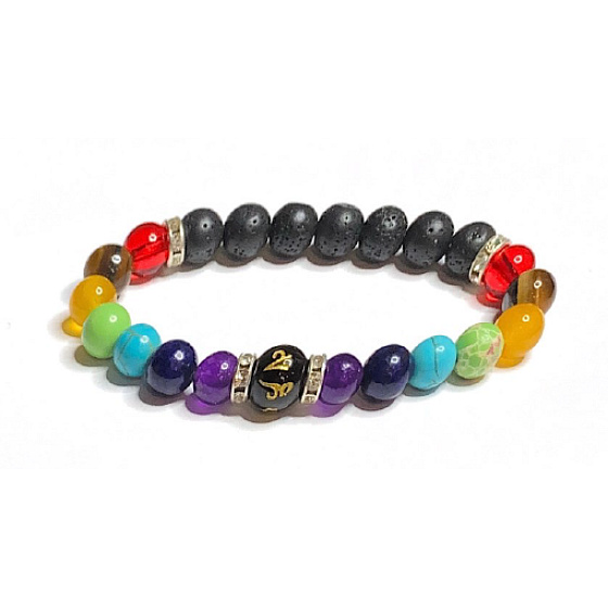 Chakra-Lava-Armband mit Royal-Mantra-Om-Armband elastischer Naturstein, Kugel 8 mm / 16-17 cm