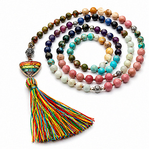 108 Mala 7 Chakra Halskette, Meditationsschmuck, Naturstein, elastisch, Quaste 8 cm, Perle 6+8 mm