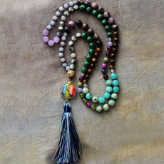108 Mala 7 Chakra Halskette, NOC Meditationsschmuck, Naturstein, elastisch, Quaste 8 cm, Perle 6+8 mm