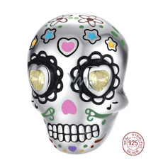 Charm Sterling Silber 925 Totenkopf mit Herzen, Perle für Halloween-Armband