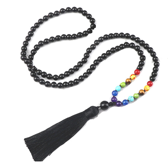 108 Mala 7 Chakra Halskette Onyx Matte Meditationsschmuck, Naturstein, geknotete Quaste, Perle 6 mm
