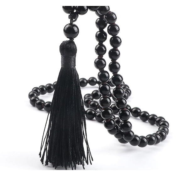 108 Mala Obsidian Halskette, Meditationsschmuck, Naturstein geknüpft, elastisch, Perle 8 mm, Rettungsstein