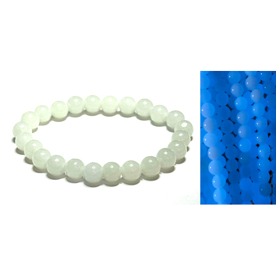 Jade Luminois Light Phosphoreszierend, blaues Leuchten im Dunkeln, Armband elastisch Naturstein, Perle 8 mm / 16 - 17 cm