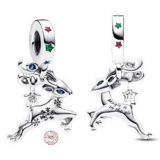 Charms Sterling Silber 925 Rudolf, magisches Weihnachtsrentier, blauer Zirkonia, Weihnachtsarmbandanhänger