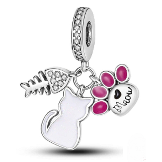 Sterling Silber 925 Katze, Pfote, Fisch - Miau, 3in1 Anhänger für Haustierarmband