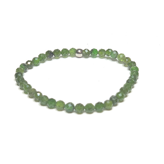 Diopsid-Facettenarmband elastischer Naturstein, Kugel 4 mm / 16 - 17 cm, Doppelreinigungsstein