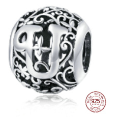 Sterling Silber 925 Magic Alphabet Buchstabe U mit Blumen, Perle für Armband