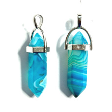 Blauer Achat Pendel Hexagon Anhänger 41x13mm, Naturstein, handgeschnitzt