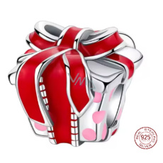 Charm Sterlingové stříbro 925 Dárek s červenou stuhou, symbol radosti a lásky, korálek na náramek vánoce Charm Sterlingové stříbro 925 Dárek s červenou stuhou, symbol radosti a lásky, korálek na náramek vánoce