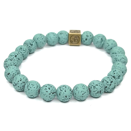 Lava pastellgrün mit königlichem Mantra Om, Armband elastischer Naturstein, Kugel 8 mm / 16-17 cm, geboren aus den vier Elementen