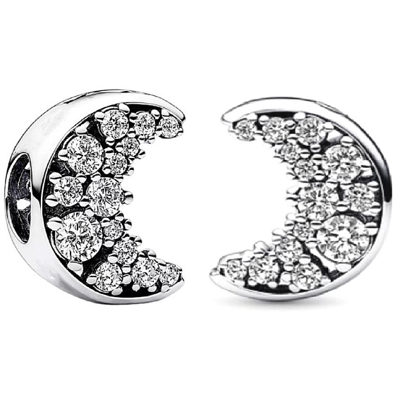 Charme Sterling Silber 925 Sonne und Halbmond mit klarem Zirkonia, Perle für Armband Universum